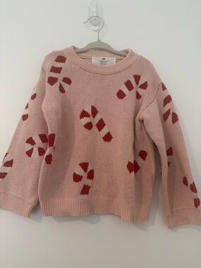 H&M Pink Crewneck Sweater with Red Candy Cane Motif